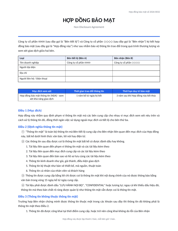 Trang 1 — Hợp đồng bảo mật thông tin (NDA)