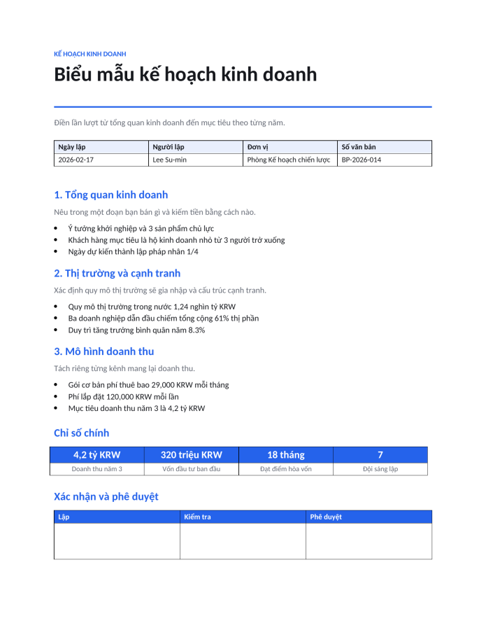 Trang 1 — Biểu mẫu kế hoạch kinh doanh
