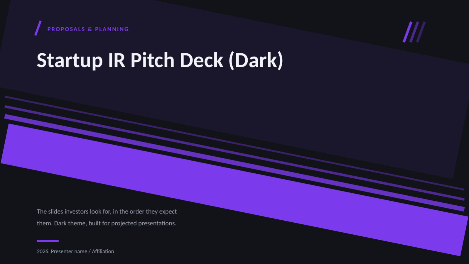 Slide 1 — Startup IR Pitch Deck (Dark)