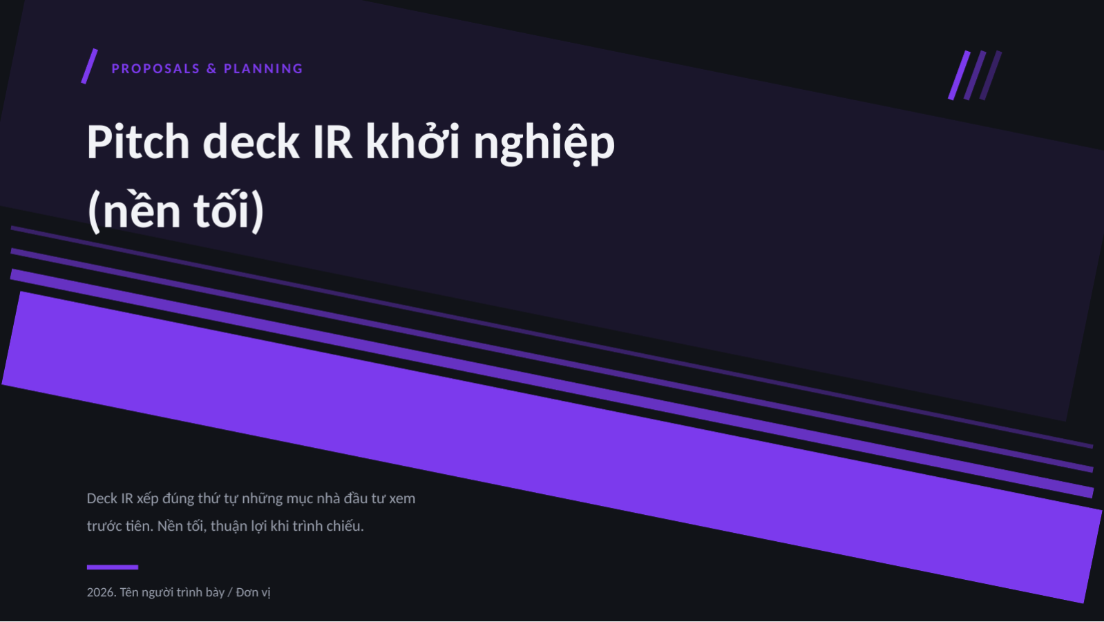Trang chiếu 1 — Pitch deck IR khởi nghiệp (nền tối)
