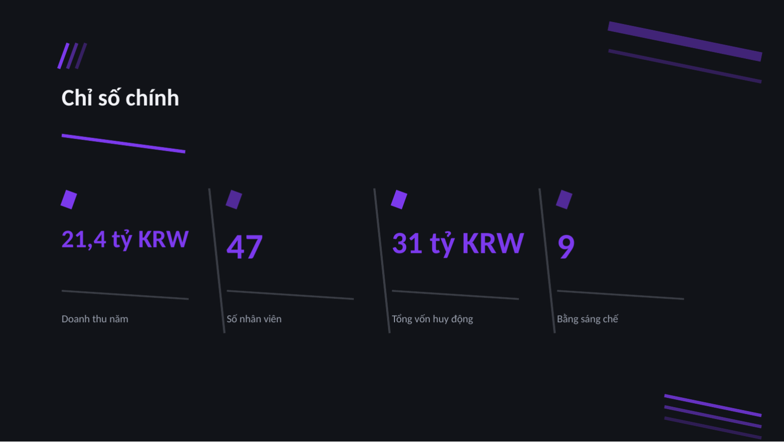 Trang chiếu 8 — Pitch deck IR khởi nghiệp (nền tối)