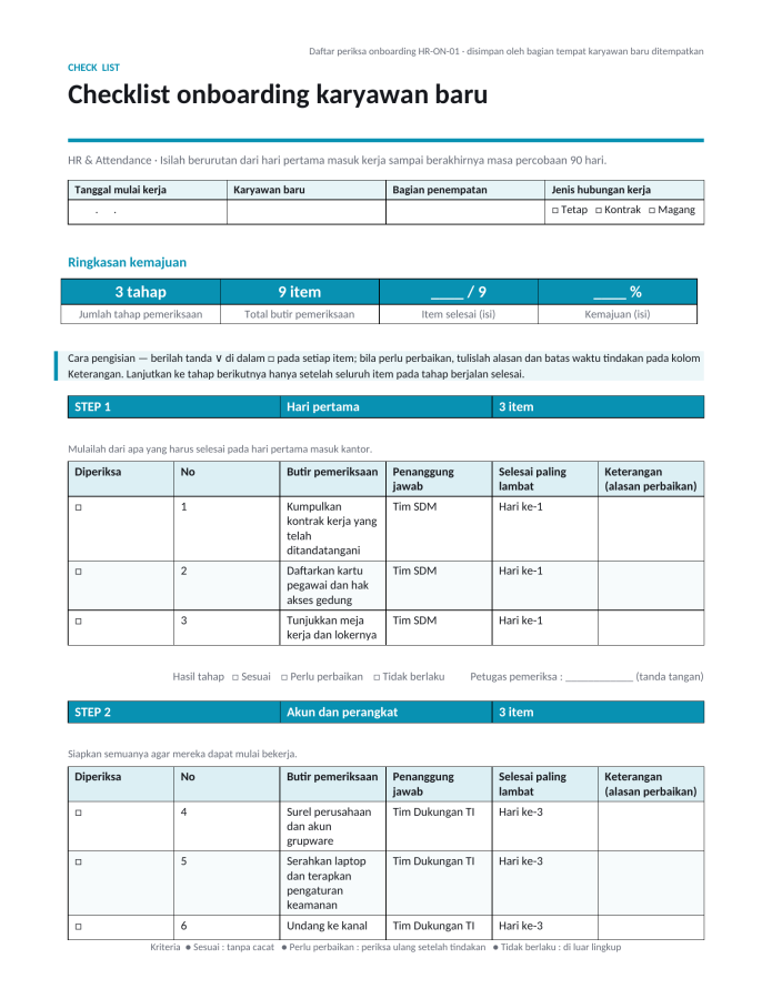 Halaman 1 — Checklist onboarding karyawan baru