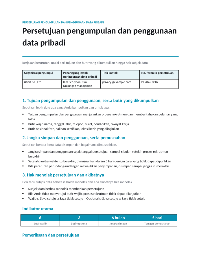 Halaman 1 — Persetujuan pengumpulan dan penggunaan data pribadi