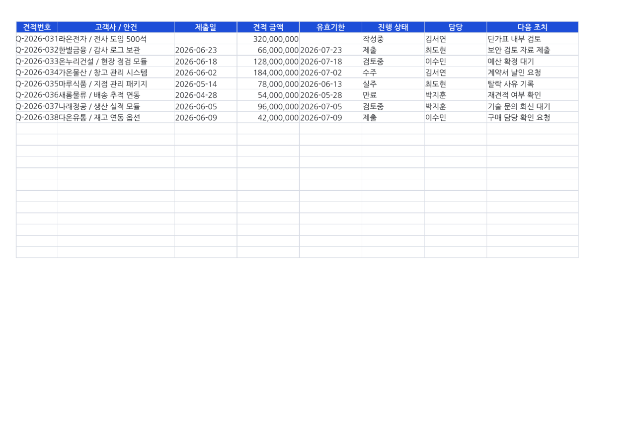 미리보기 2 — 견적 진행 관리표