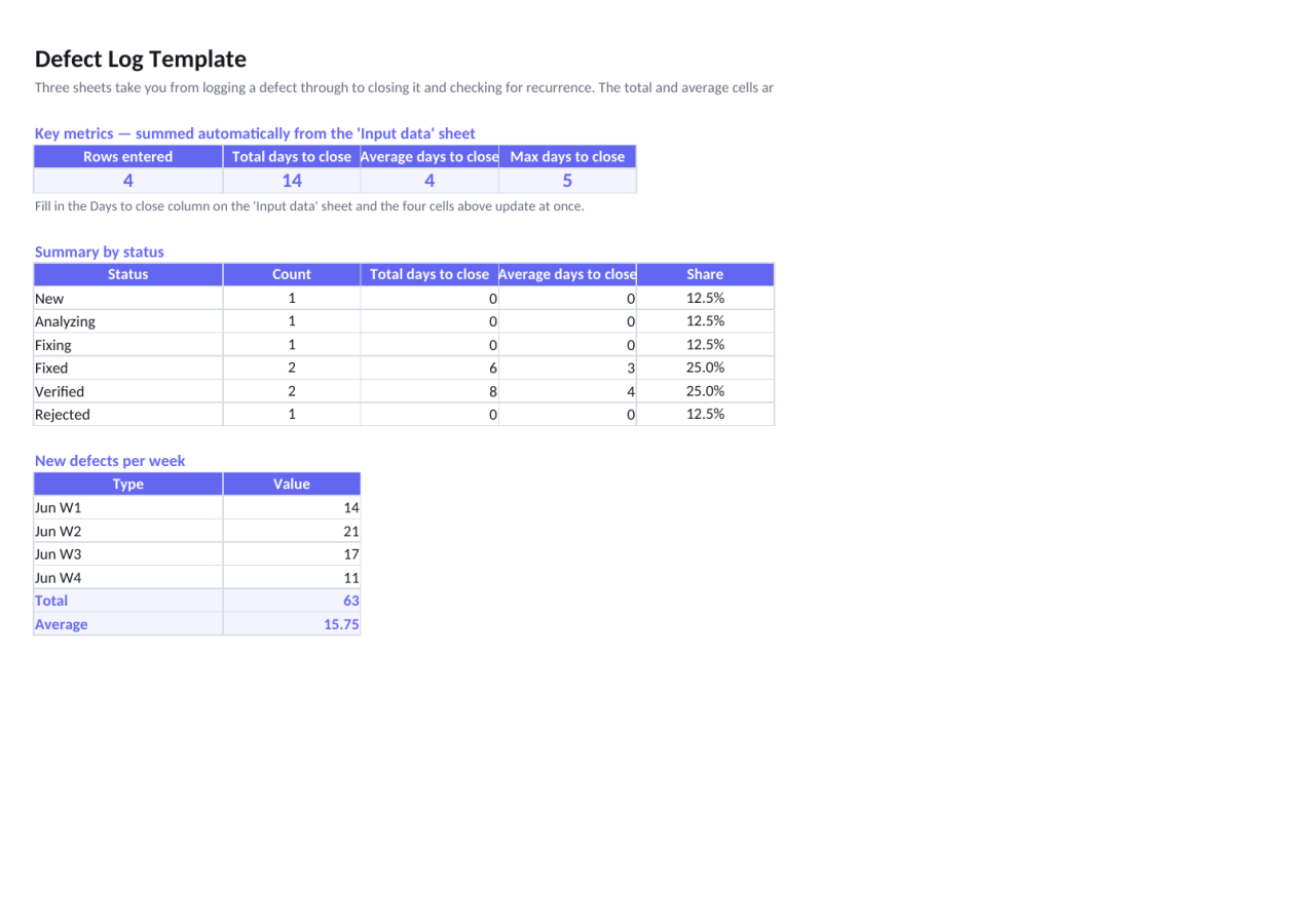 Preview 1 — Defect Log Template