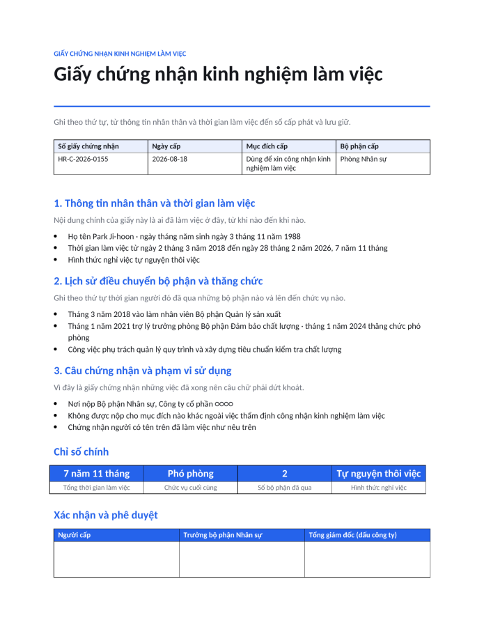 Trang 1 — Giấy chứng nhận kinh nghiệm làm việc