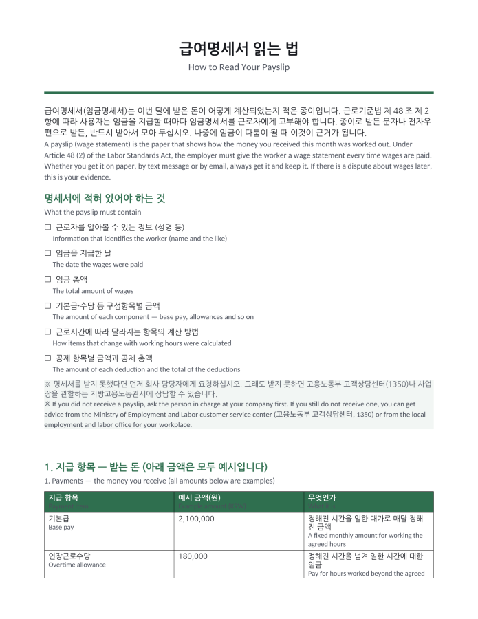 Page 1 — How to Read a Payslip (Korean–English bilingual)