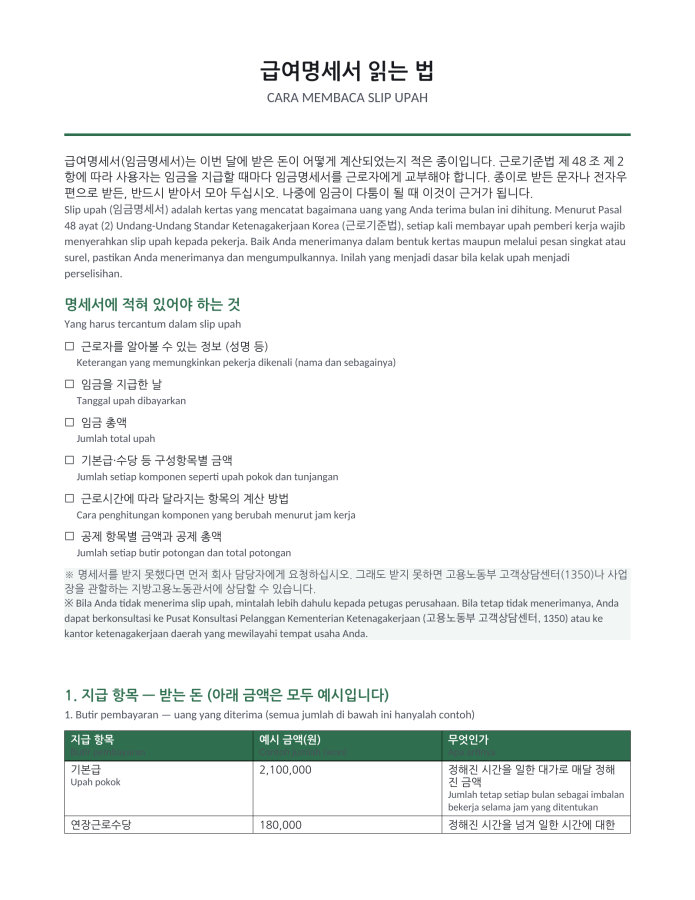 Halaman 1 — Cara membaca slip gaji (dwibahasa Korea–Indonesia)