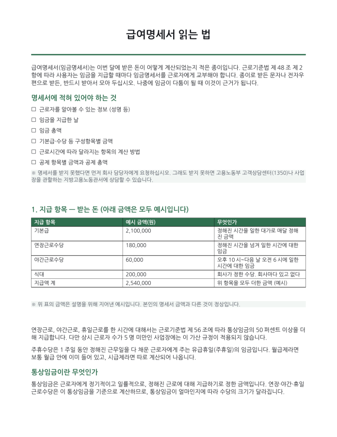 페이지 1 — 급여명세서 읽는 법 (한국어·현지어 병기)