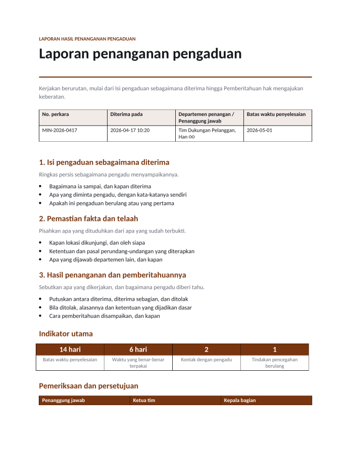 Halaman 1 — Laporan penanganan pengaduan