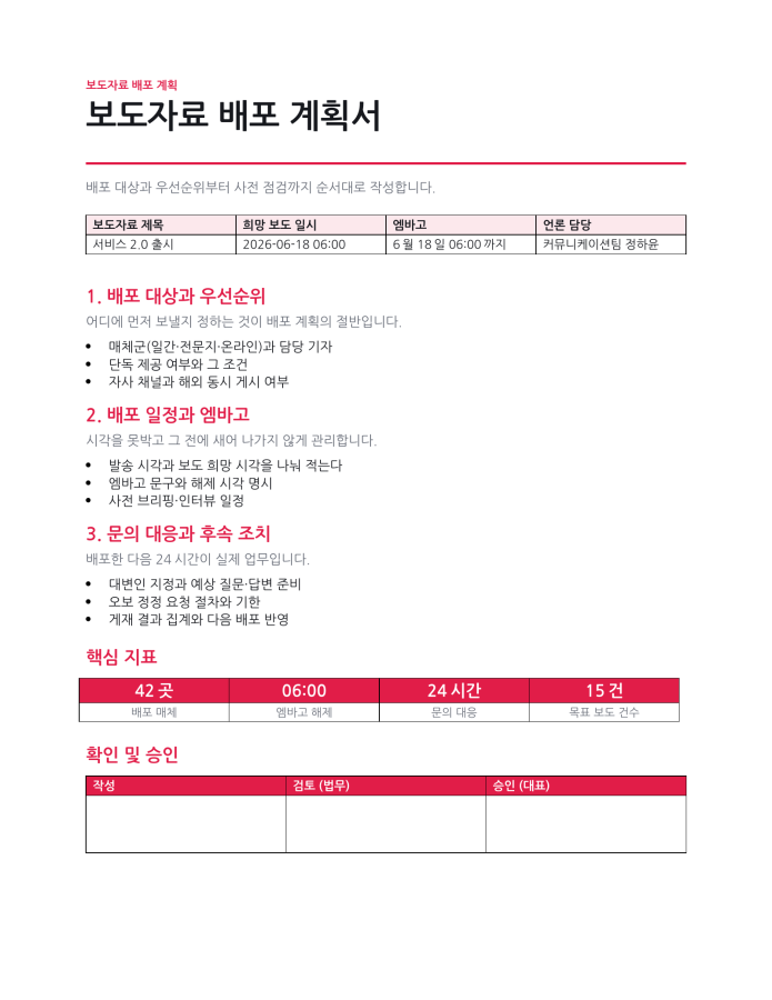 페이지 1 — 보도자료 배포 계획서