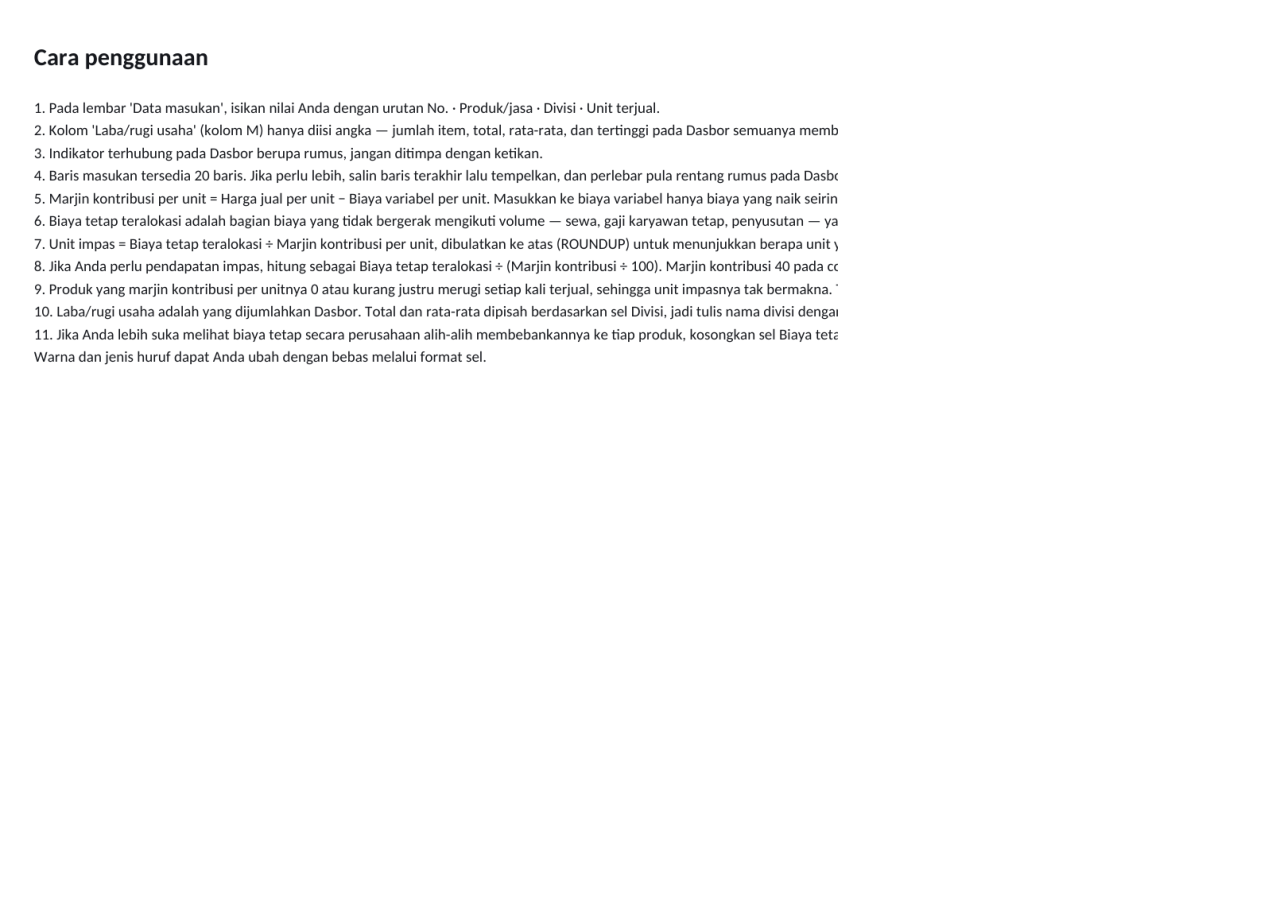 Pratinjau 3 — Tabel analisis titik impas