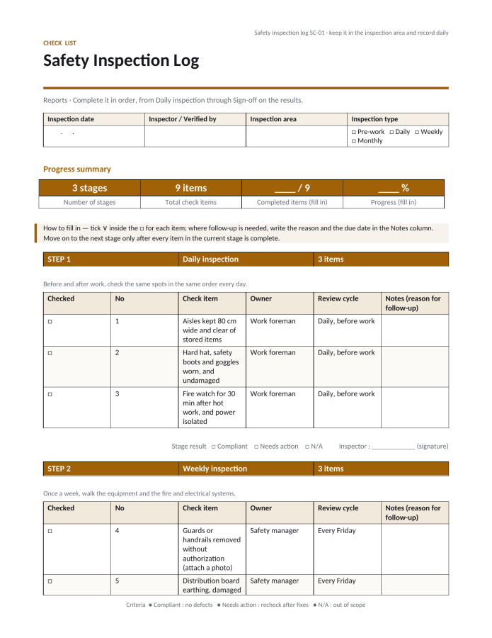 Page 1 — Safety Inspection Log