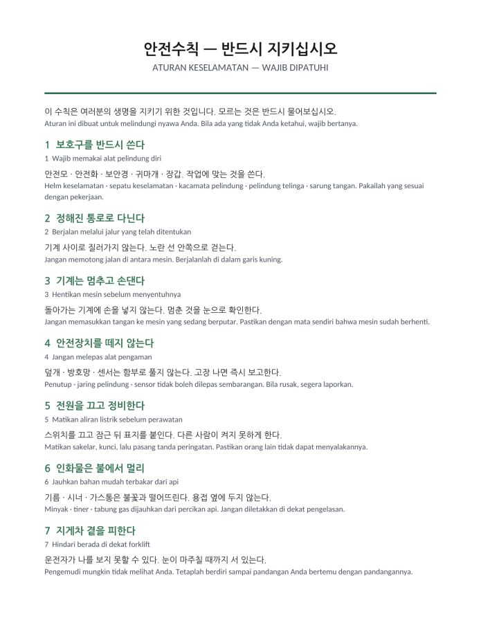 Halaman 1 — Poster aturan keselamatan, pabrik (dwibahasa Korea–Indonesia)