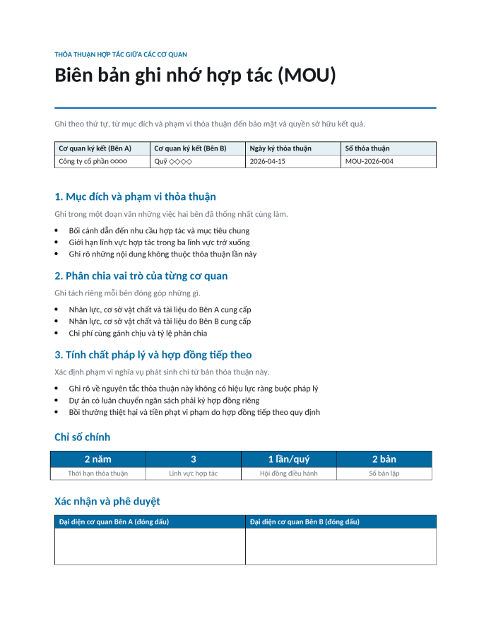 Trang 1 — Biên bản ghi nhớ hợp tác (MOU)