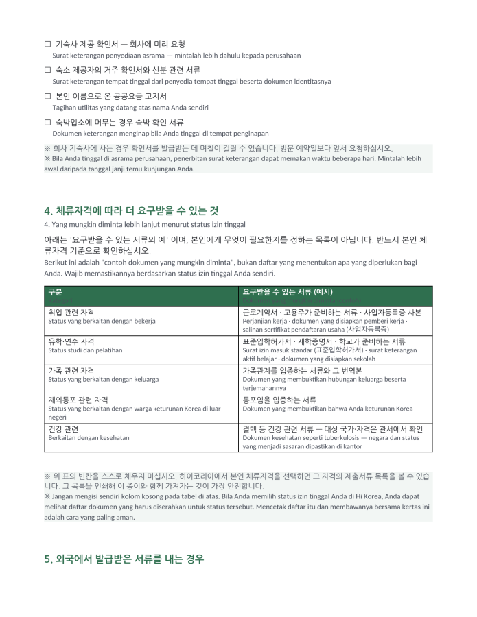 Halaman 3 — Daftar berkas pendaftaran orang asing (dwibahasa Korea–Indonesia)