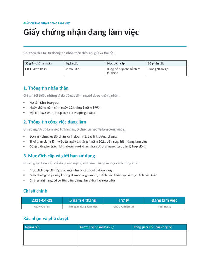 Trang 1 — Giấy chứng nhận đang làm việc
