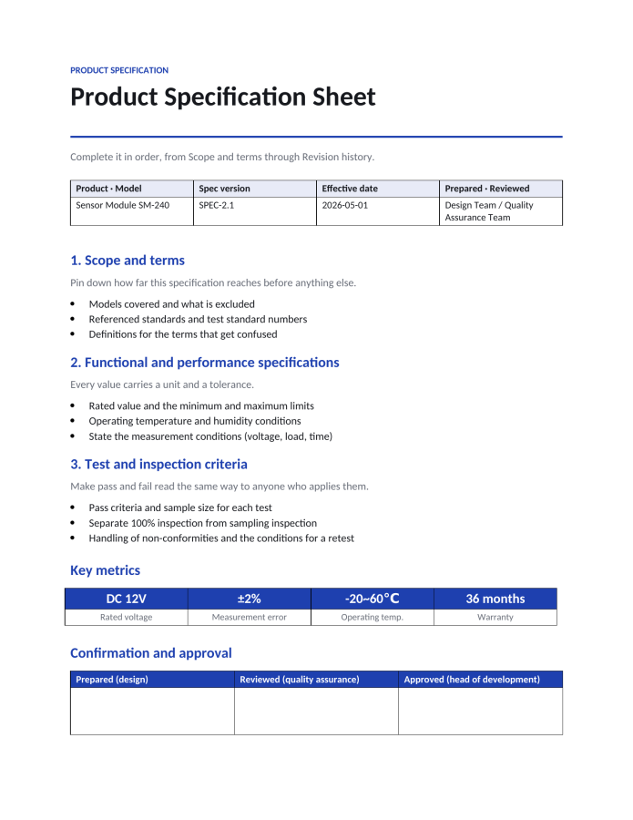 Page 1 — Product Specification Sheet