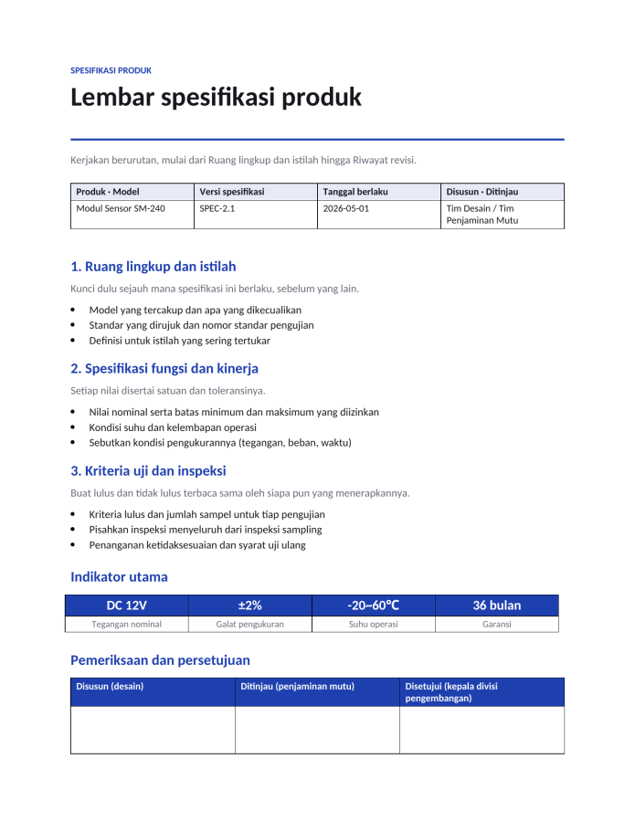 Halaman 1 — Lembar spesifikasi produk