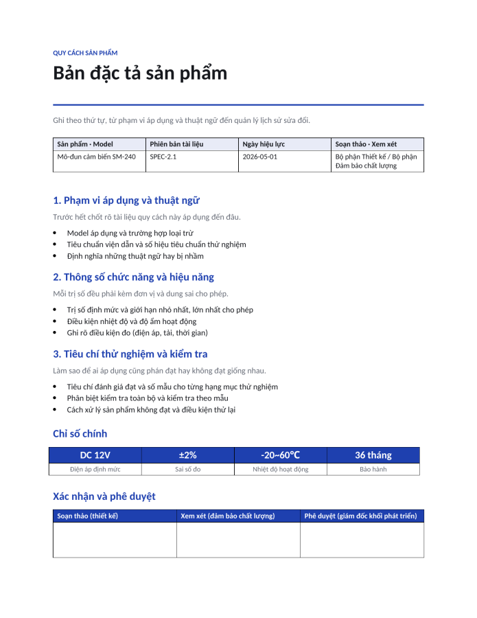 Trang 1 — Bản đặc tả sản phẩm