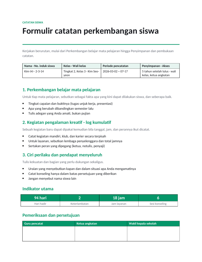 Halaman 1 — Formulir catatan perkembangan siswa